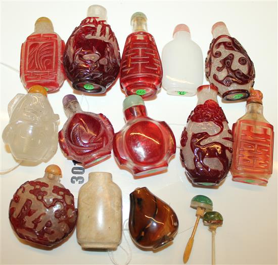 13 various carved glass snuff bottles